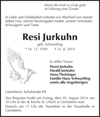 Traueranzeige von Resi Jurkuhn von Rüsselsheimer Echo, Groß-Gerauer-Echo, Ried Echo