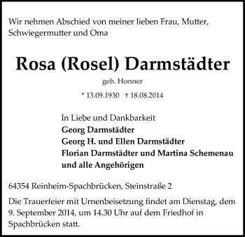 Traueranzeige von Rosa Darmstädter von Darmstädter Echo, Odenwälder Echo, Rüsselsheimer Echo, Groß-Gerauer-Echo, Ried Echo