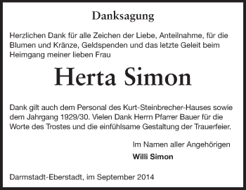 Traueranzeige von Herta Simon von Echo-Zeitungen (Gesamtausgabe)