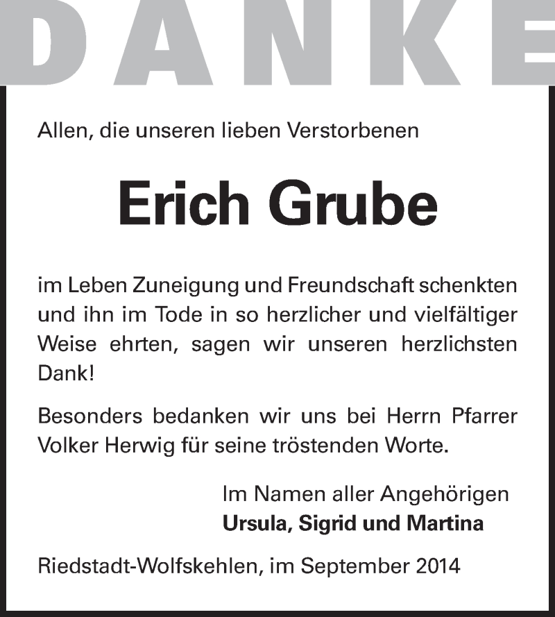  Traueranzeige für Erich Grube vom 06.09.2014 aus Rüsselsheimer Echo, Groß-Gerauer-Echo, Ried Echo