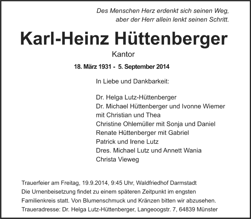  Traueranzeige für Karl-Heinz Hüttenberger vom 17.09.2014 aus Echo-Zeitungen (Gesamtausgabe)