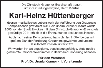 Traueranzeige von Karl-Heinz Hüttenberger von Echo-Zeitungen (Gesamtausgabe)