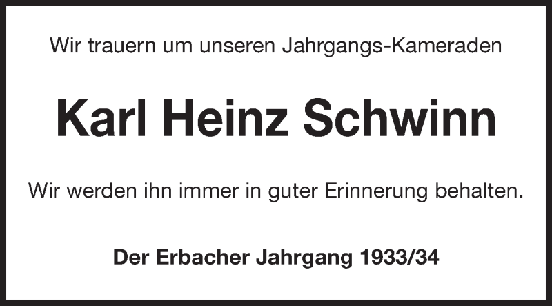  Traueranzeige für Karl Heinz Schwinn vom 17.09.2014 aus Odenwälder Echo