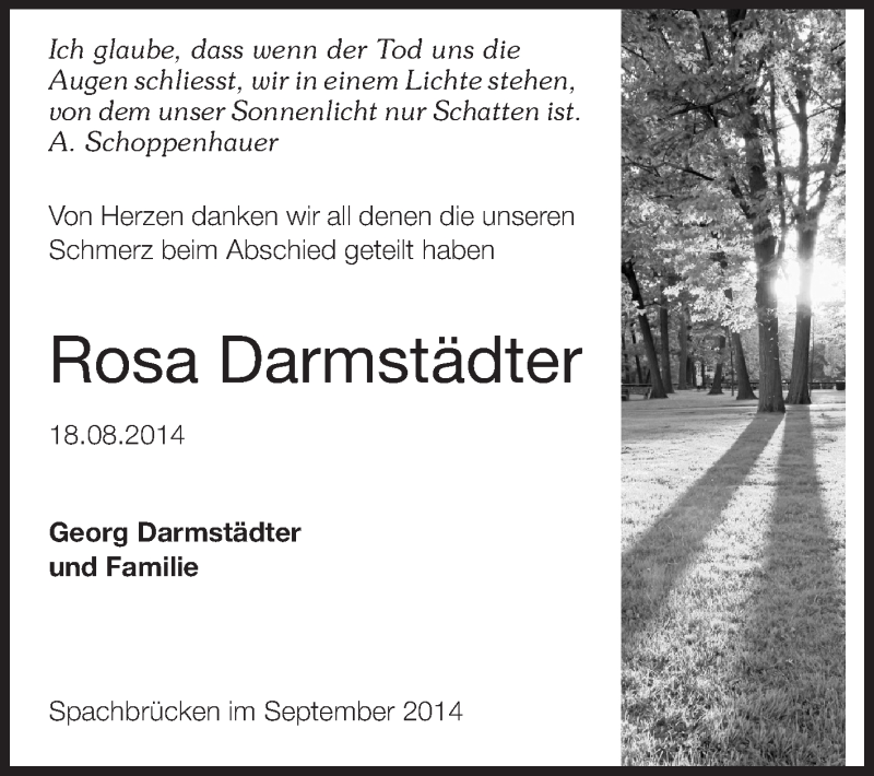  Traueranzeige für Rosa Darmstädter vom 27.09.2014 aus Echo-Zeitungen (Gesamtausgabe)