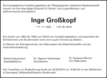 Traueranzeige von Inge Großkopf von Echo-Zeitungen (Gesamtausgabe)