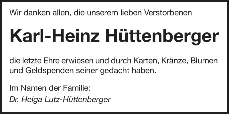  Traueranzeige für Karl-Heinz Hüttenberger vom 04.10.2014 aus Echo-Zeitungen (Gesamtausgabe)