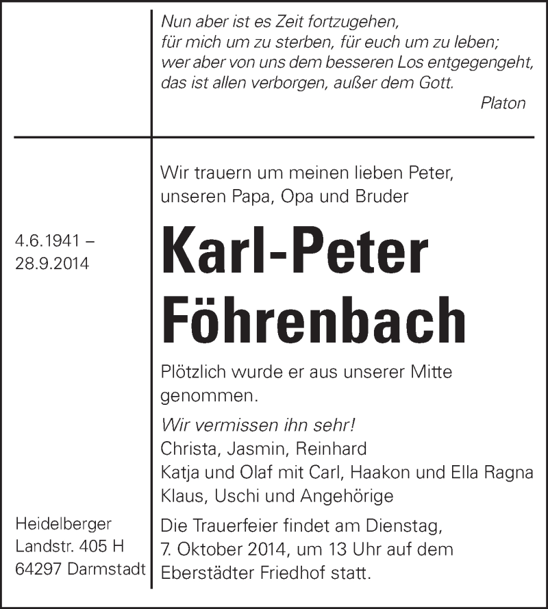  Traueranzeige für Karl-Peter Föhrenbach vom 04.10.2014 aus Echo-Zeitungen (Gesamtausgabe)