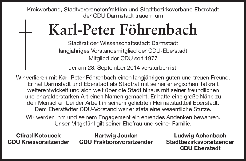  Traueranzeige für Karl-Peter Föhrenbach vom 04.10.2014 aus Echo-Zeitungen (Gesamtausgabe)