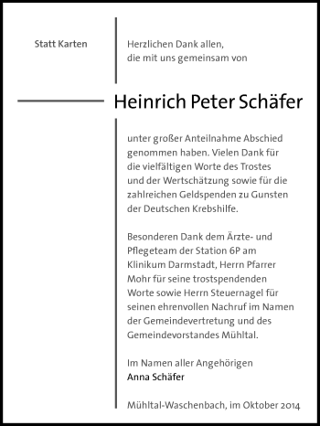 Traueranzeige von Heinrich Peter Schäfer von Echo-Zeitungen (Gesamtausgabe)