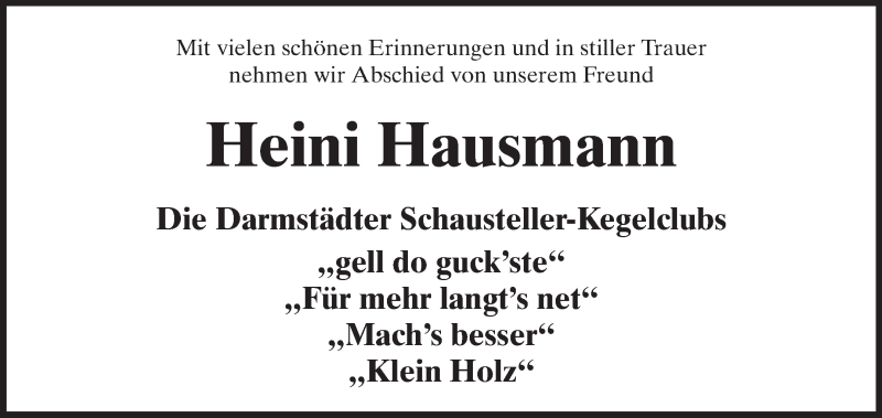  Traueranzeige für Heinrich Heini Hausmann vom 04.10.2014 aus Echo-Zeitungen (Gesamtausgabe)