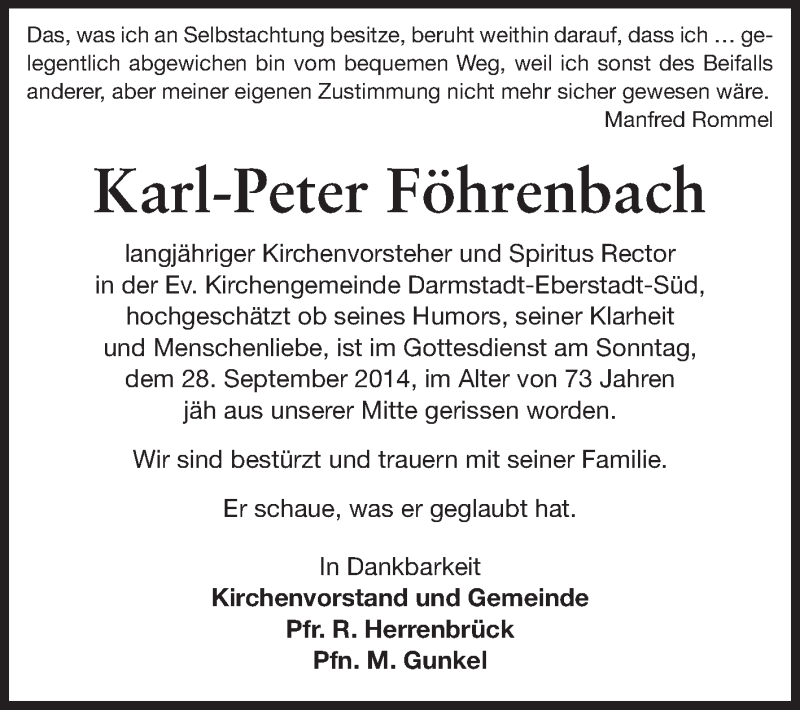  Traueranzeige für Karl-Peter Föhrenbach vom 04.10.2014 aus Echo-Zeitungen (Gesamtausgabe)