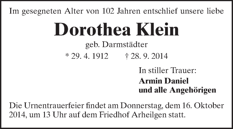  Traueranzeige für Dorothea Klein vom 11.10.2014 aus Echo-Zeitungen (Gesamtausgabe)