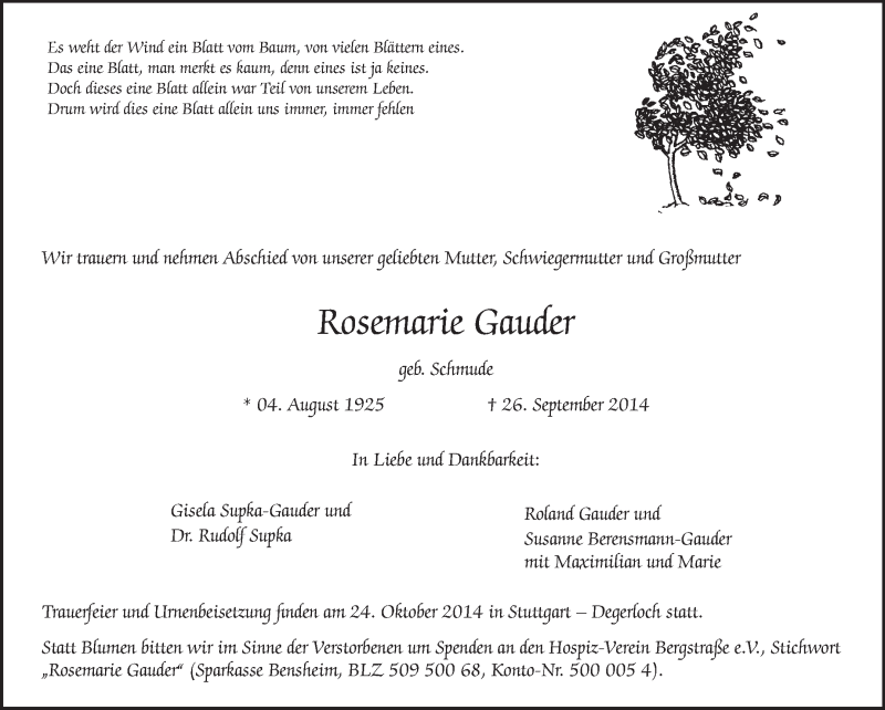  Traueranzeige für Rosemarie Gauder vom 09.10.2014 aus Starkenburger Echo