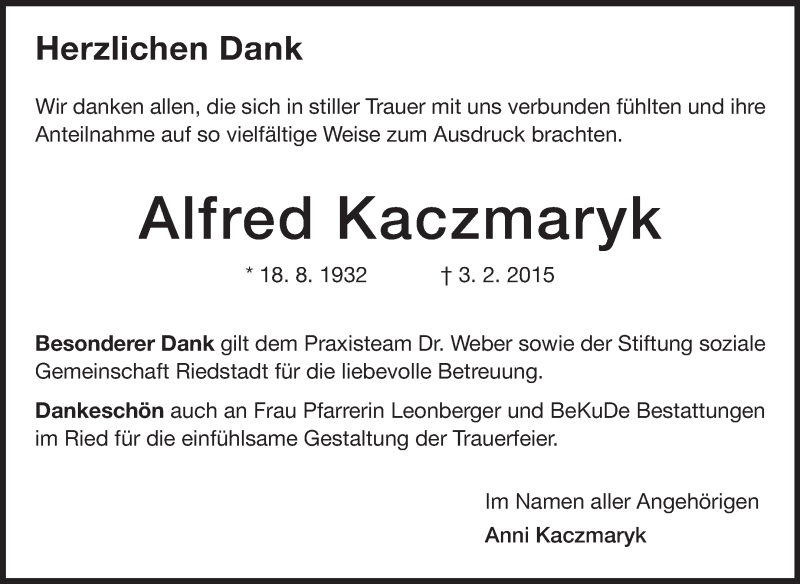  Traueranzeige für Alfred Kaczmaryk vom 07.03.2015 aus Rüsselsheimer Echo, Groß-Gerauer-Echo, Ried Echo