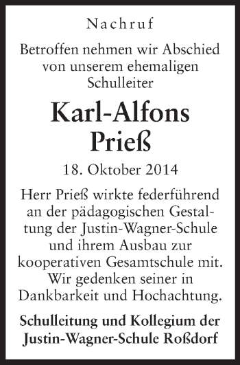 Traueranzeige von Karl-Alfons Prieß von Echo-Zeitungen (Gesamtausgabe)