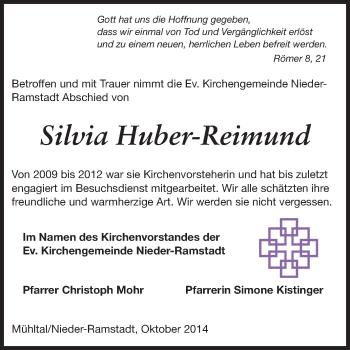 Traueranzeige von Silvia Huber-Reimund von Echo-Zeitungen (Gesamtausgabe)
