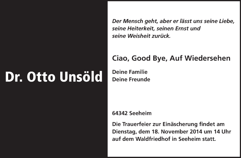  Traueranzeige für Otto Unsöld vom 15.11.2014 aus Echo-Zeitungen (Gesamtausgabe)