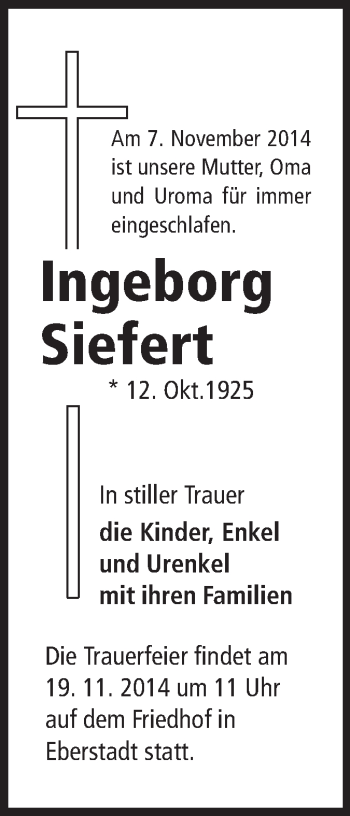 Traueranzeige von Ingeborg Siefert von Echo-Zeitungen (Gesamtausgabe)
