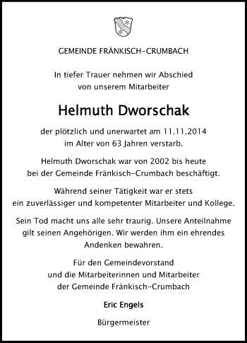 Traueranzeige von Helmuth Dworschak von Odenwälder Echo