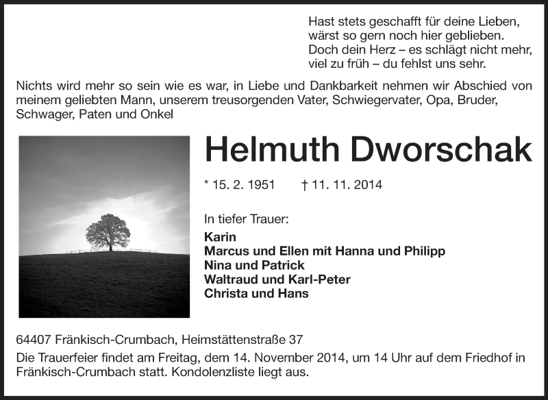  Traueranzeige für Helmuth Dworschak vom 13.11.2014 aus Odenwälder Echo