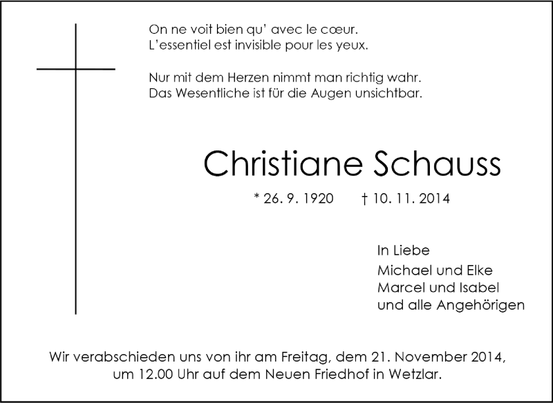  Traueranzeige für Christiane Schauss vom 15.11.2014 aus Echo-Zeitungen (Gesamtausgabe)