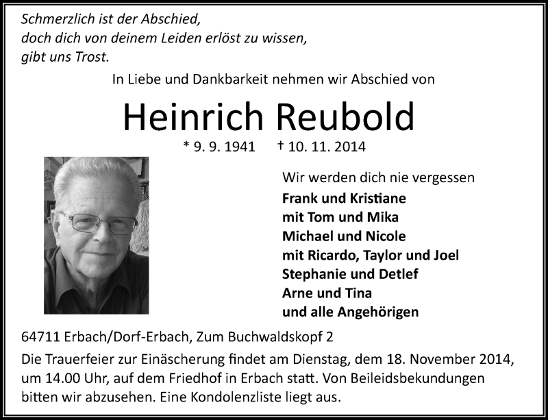  Traueranzeige für Heinrich Reubold vom 15.11.2014 aus Starkenburger Echo