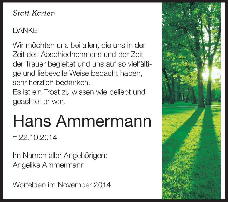  Traueranzeige für Hans Ammermann vom 22.11.2014 aus Rüsselsheimer Echo, Groß-Gerauer-Echo, Ried Echo