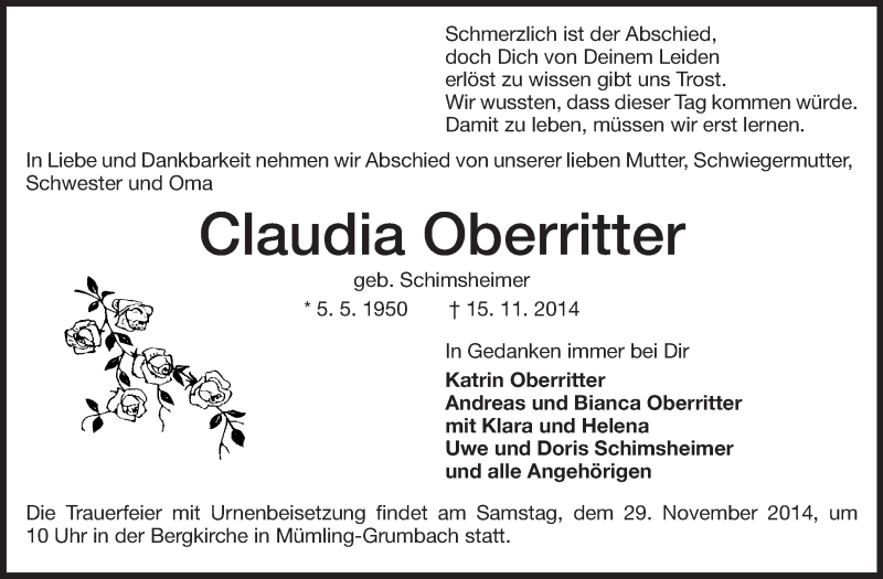  Traueranzeige für Claudia Oberritter vom 22.11.2014 aus Echo-Zeitungen (Gesamtausgabe)