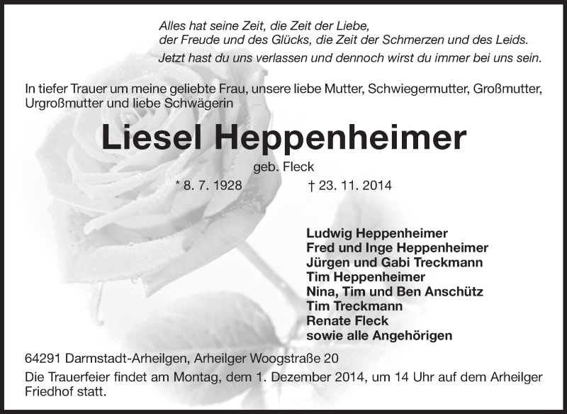  Traueranzeige für Liesel Heppenheimer vom 26.11.2014 aus Echo-Zeitungen (Gesamtausgabe)