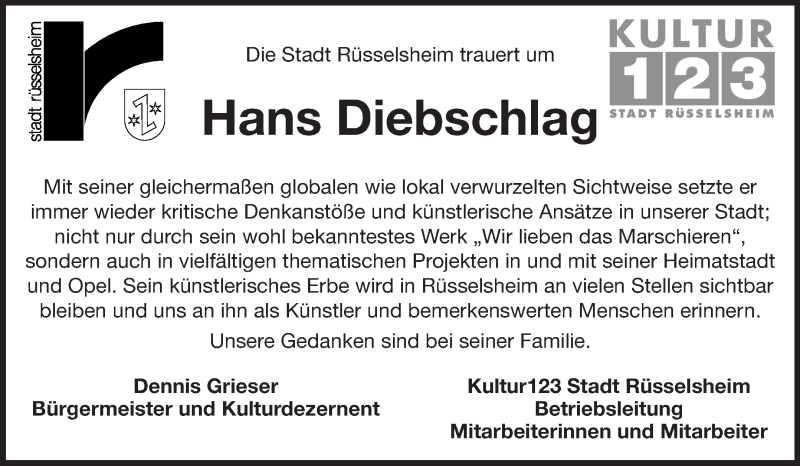 Traueranzeige für Hans Diebschlag vom 26.11.2014 aus Rüsselsheimer Echo, Groß-Gerauer-Echo, Ried Echo