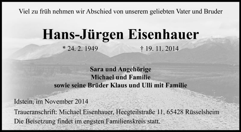  Traueranzeige für Hans-Jürgen Eisenhauer vom 29.11.2014 aus Rüsselsheimer Echo, Groß-Gerauer-Echo, Ried Echo