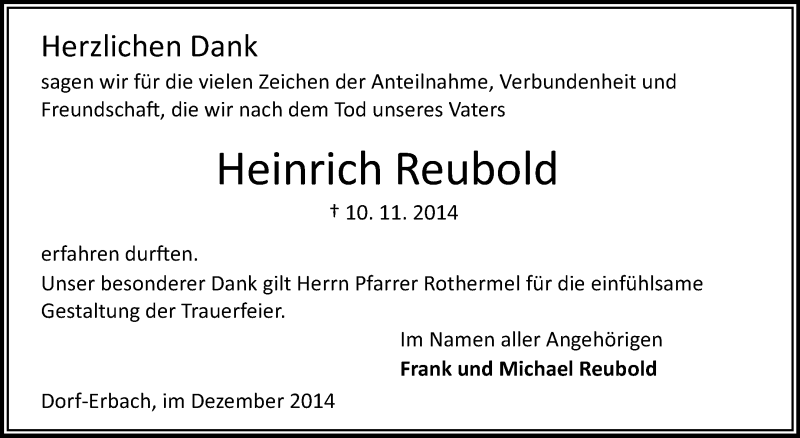  Traueranzeige für Heinrich Reubold vom 06.12.2014 aus Odenwälder Echo
