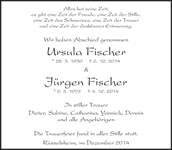 Traueranzeige von Ursula und Jürgen Fischer von Rüsselsheimer Echo, Groß-Gerauer-Echo, Ried Echo