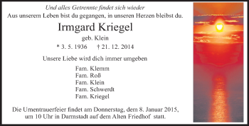 Traueranzeige von Irmgard Kriegel von Echo-Zeitungen (Gesamtausgabe)