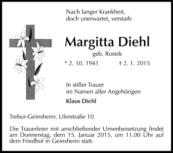 Traueranzeige von Margitta Diehl von Rüsselsheimer Echo, Groß-Gerauer-Echo, Ried Echo