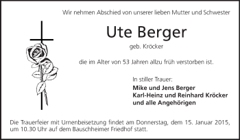 Traueranzeige von Ute Berger von Rüsselsheimer Echo, Groß-Gerauer-Echo, Ried Echo