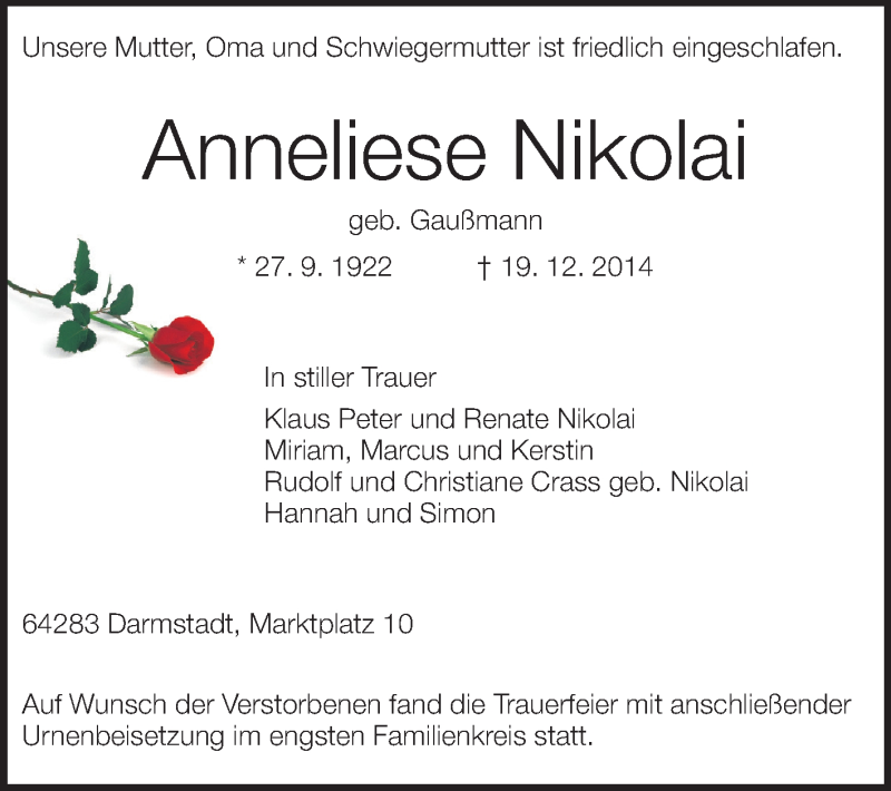  Traueranzeige für Anneliese Nikolai vom 10.01.2015 aus Darmstädter Echo, Odenwälder Echo, Rüsselsheimer Echo, Groß-Gerauer-Echo, Ried Echo