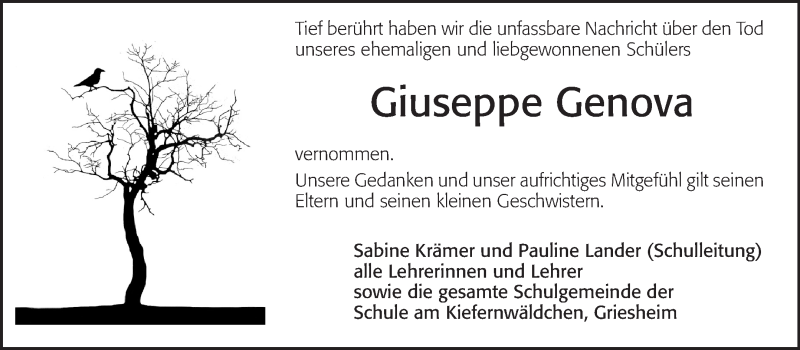  Traueranzeige für Giuseppe Genova vom 21.01.2015 aus Echo-Zeitungen (Gesamtausgabe)