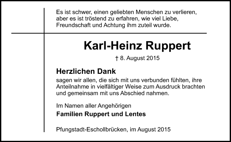  Traueranzeige für Karl-Heinz Ruppert vom 22.08.2015 aus trauer.echo-online.de