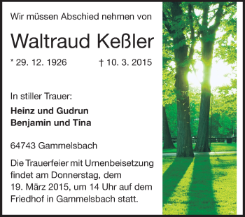 Traueranzeige von Waltraud Keßler von Odenwälder Echo