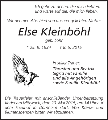 Traueranzeige von Else Kleinböhle von Rüsselsheimer Echo, Groß-Gerauer-Echo, Ried Echo