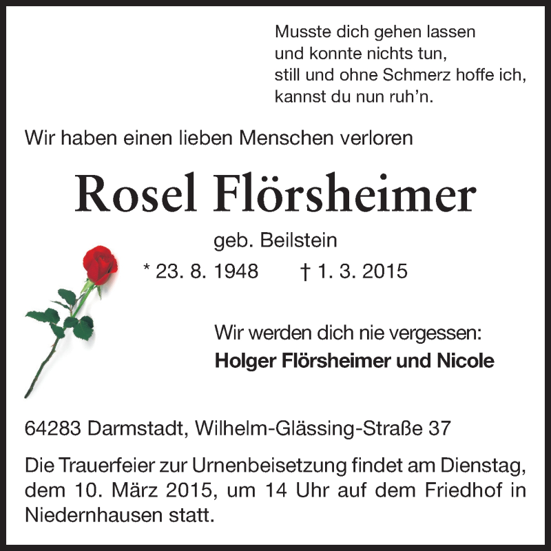  Traueranzeige für Rosel Flörsheimer vom 07.03.2015 aus Echo-Zeitungen (Gesamtausgabe)