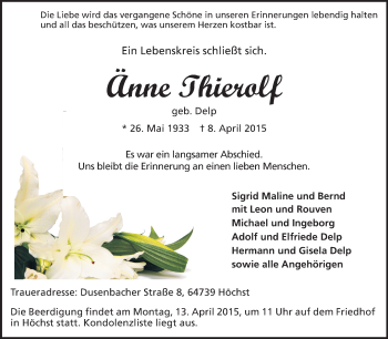 Traueranzeige von Änne Thierolf von Echo-Zeitungen (Gesamtausgabe)