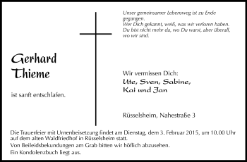 Traueranzeige von Gerhard Thieme von Rüsselsheimer Echo, Groß-Gerauer-Echo, Ried Echo