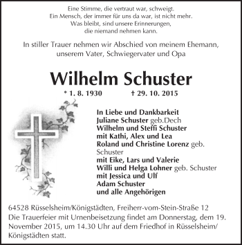 Traueranzeige von Wilhelm Schuster von trauer.echo-online.de