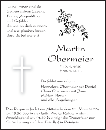 Traueranzeige von Martin Obermeier von Echo-Zeitungen (Gesamtausgabe)