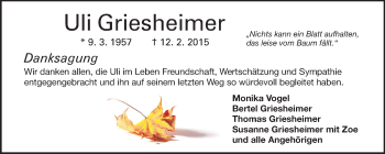 Traueranzeige von Uli Griesheimer von Echo-Zeitungen (Gesamtausgabe)