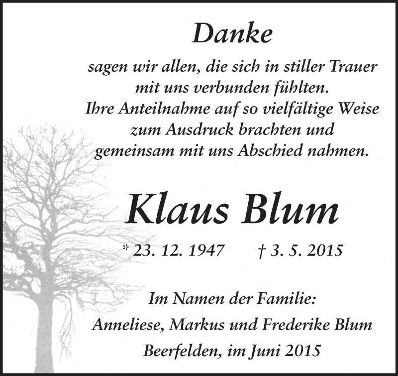  Traueranzeige für Klaus Blum vom 13.06.2015 aus Odenwälder Echo
