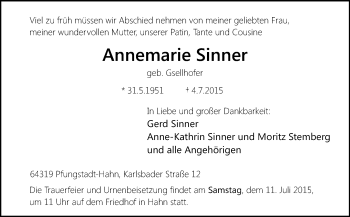 Traueranzeige von Annemarie Sinner von Echo-Zeitungen (Gesamtausgabe)