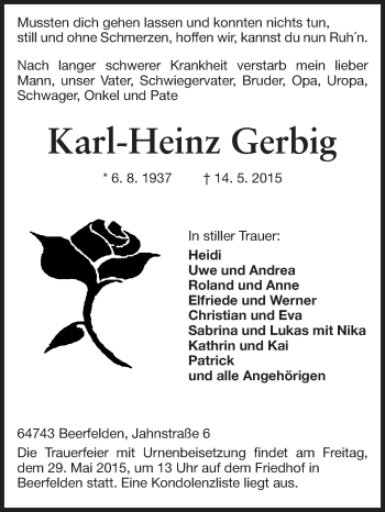 Traueranzeige von Karl-Heinz Gerbig von Odenwälder Echo
